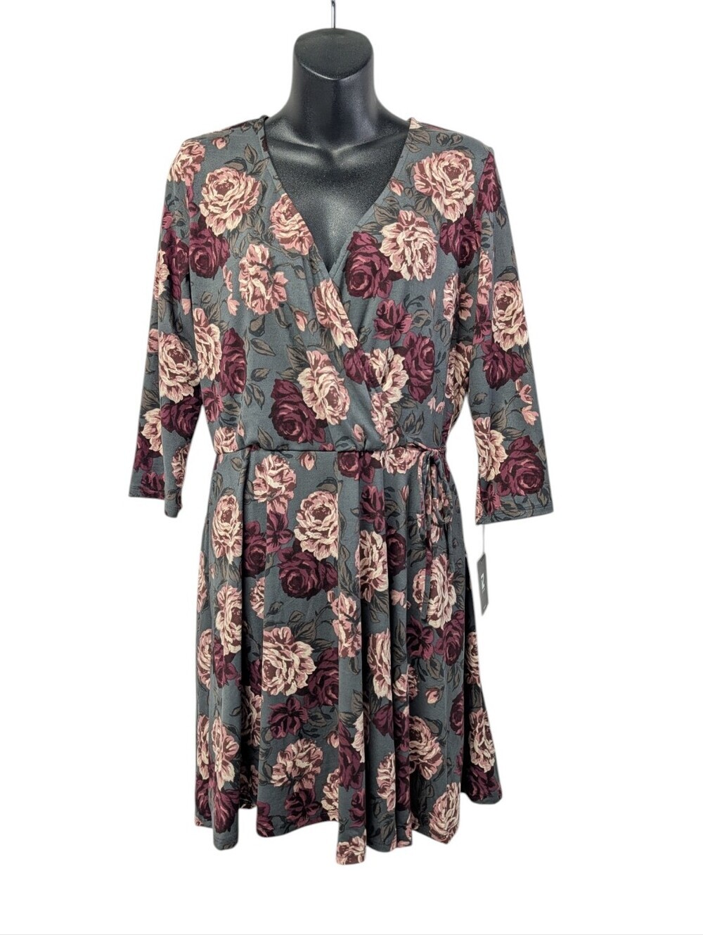 iZ Byer XL Floral Wrap Dress Gray Pink Burgundy Print 3/4 Sleeve Tie Waist NWT